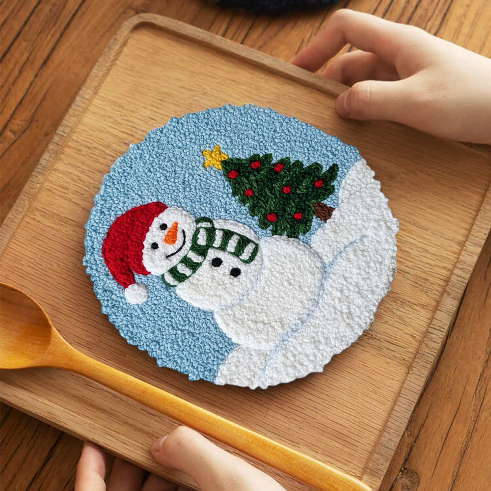 Santa-Hatted Snowman Tree Punch Needle Kit – Beginner Handcraft | Festive Decor Piece - 5 inch Coaster Kit - image 4
