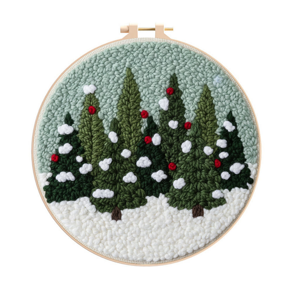 Snowy Pine Grove Punch Needle Kit – Gift for Her | Home Hanging Decor - 8 inch Hoop Kit - image 1