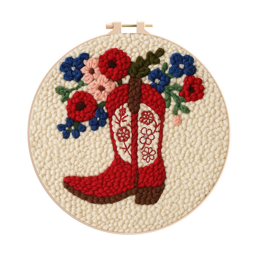 Floral Red Cowboy Boot Punch Needle Kit – Beginner Starter Handcraft | Room Decor Accent - 8 inch Hoop Kit - image 1