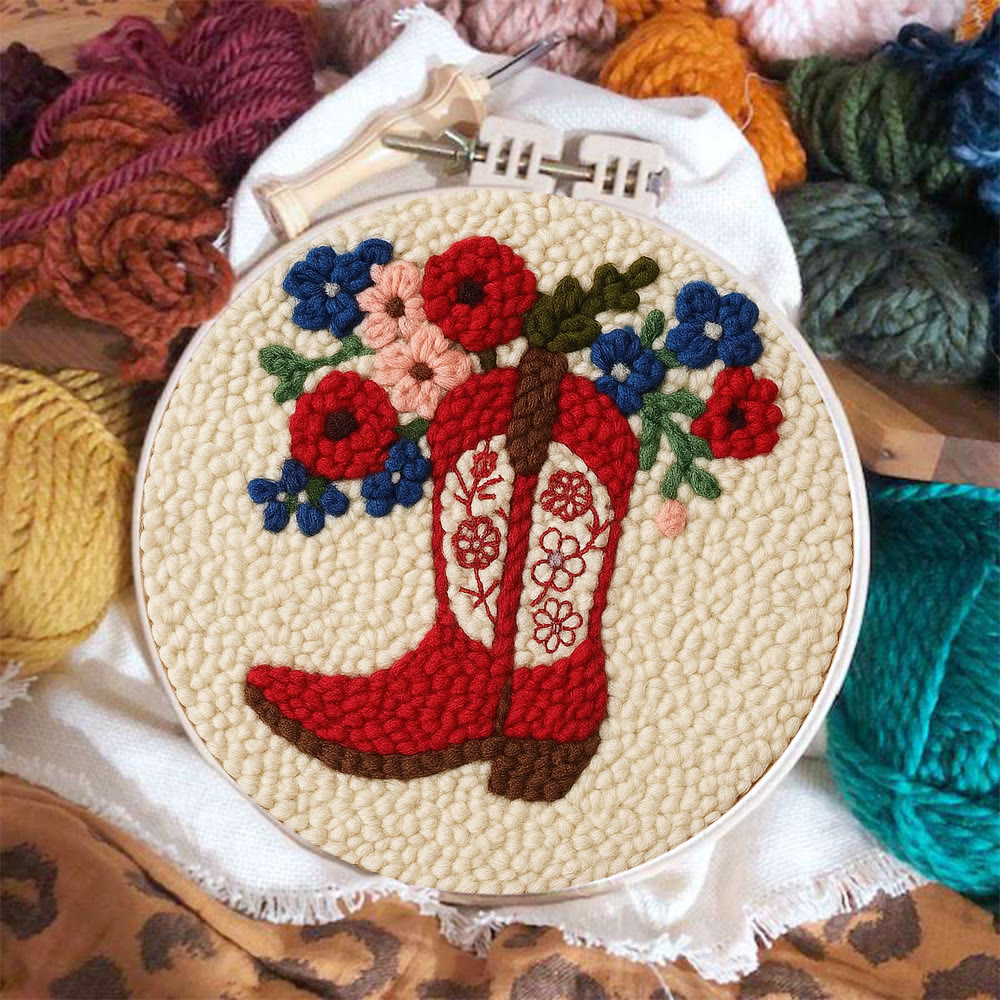 Floral Red Cowboy Boot Punch Needle Kit – Beginner Starter Handcraft | Room Decor Accent - image 3