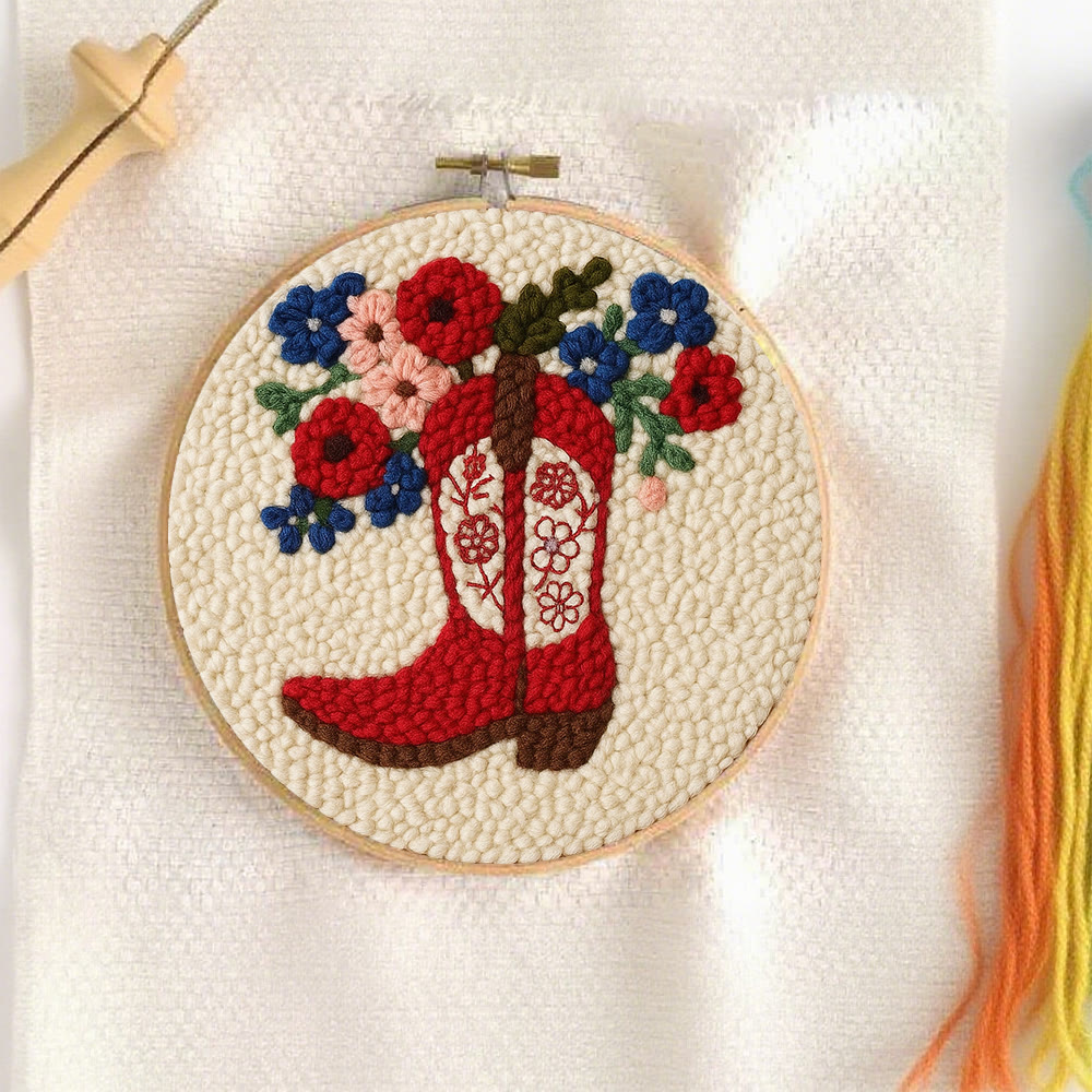 Floral Red Cowboy Boot Punch Needle Kit – Beginner Starter Handcraft | Room Decor Accent - image 2