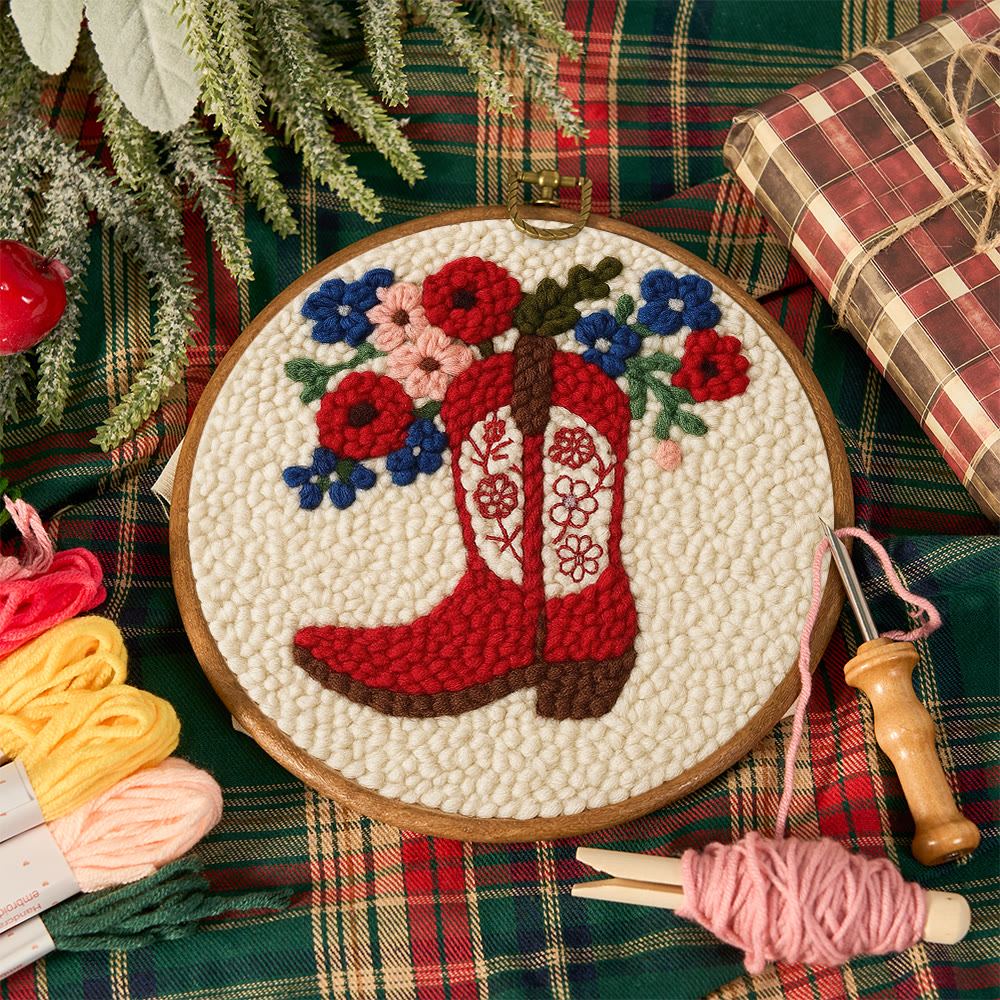 Floral Red Cowboy Boot Punch Needle Kit – Beginner Starter Handcraft | Room Decor Accent - image 12