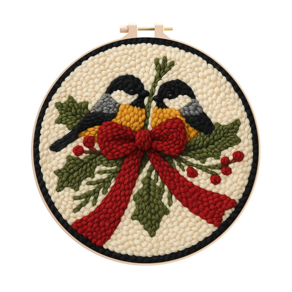 Twin Chickadees Holly Punch Needle Kit – Entry-Level Handcraft | Christmas Home Hanging Craft - 8 inch Hoop Kit - image 1