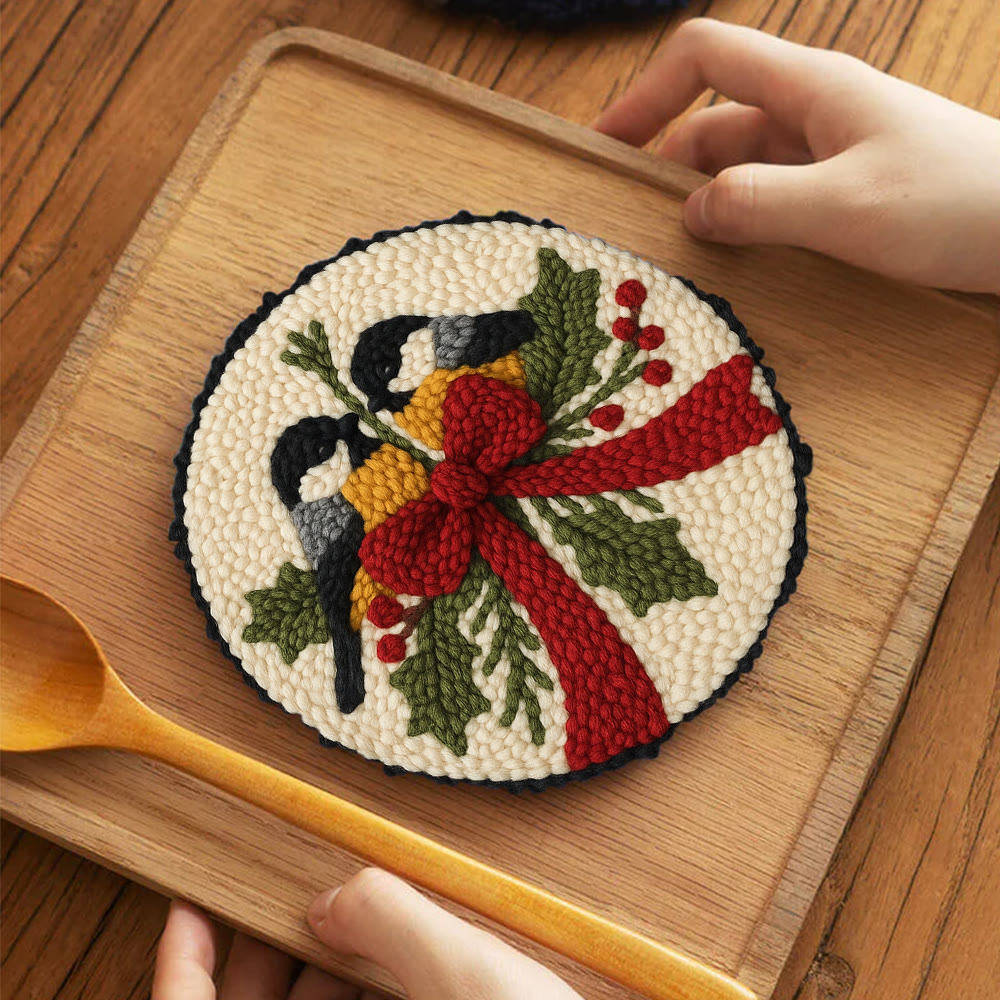 Twin Chickadees Holly Punch Needle Kit – Entry-Level Handcraft | Christmas Home Hanging Craft - 5 inch Coaster Kit - image 4