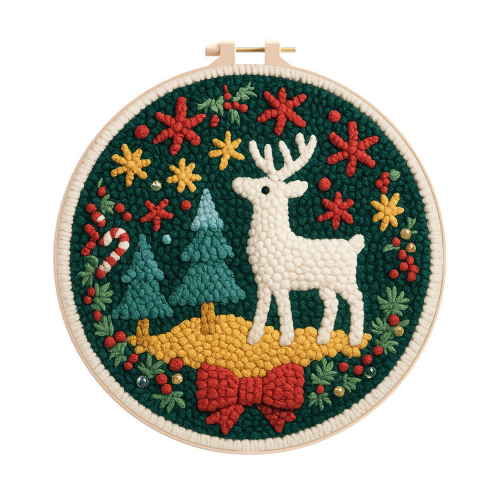 Jolly White Reindeer Christmas Punch Needle Kit – Exquisite Decor Piece | Ideal Gift For Her - 8 inch Hoop Kit - image 1