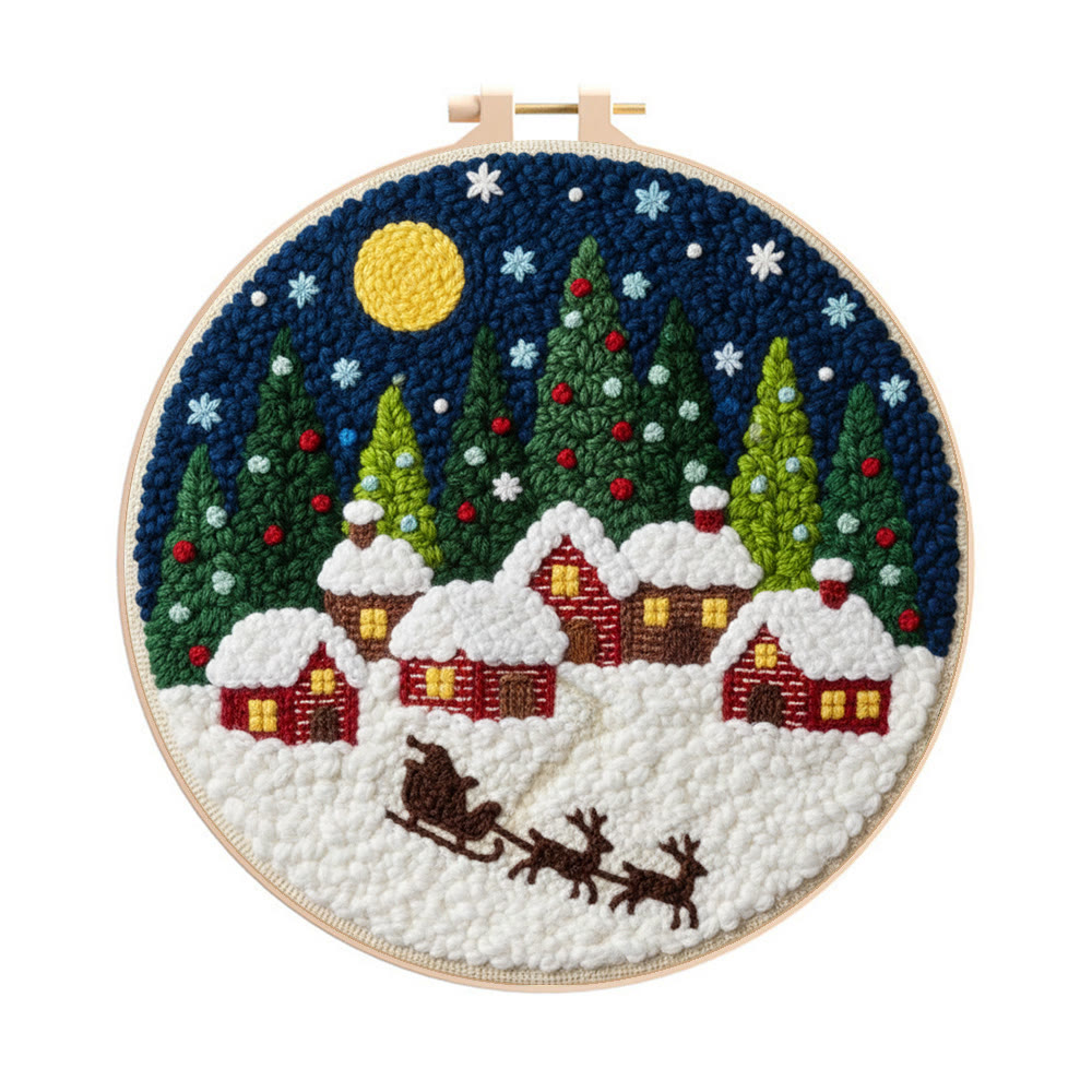 Moonlit Christmas Village Sled Punch Needle Kit – Beginner Hoop Art | Personalized Christmas Gift for Her - 8 inch Hoop Kit - image 1