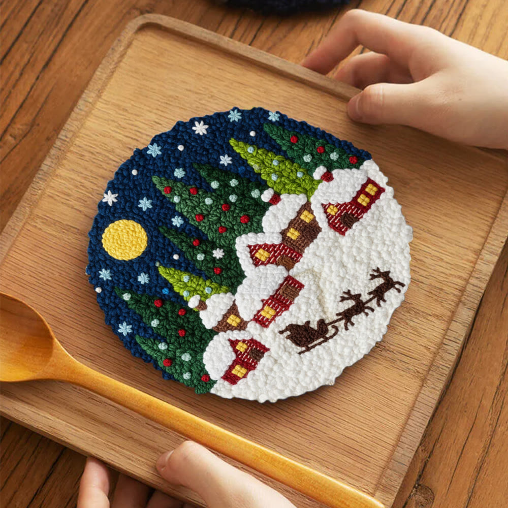 Moonlit Christmas Village Sled Punch Needle Kit – Beginner Hoop Art | Personalized Christmas Gift for Her - 5 inch Coaster Kit - image 4
