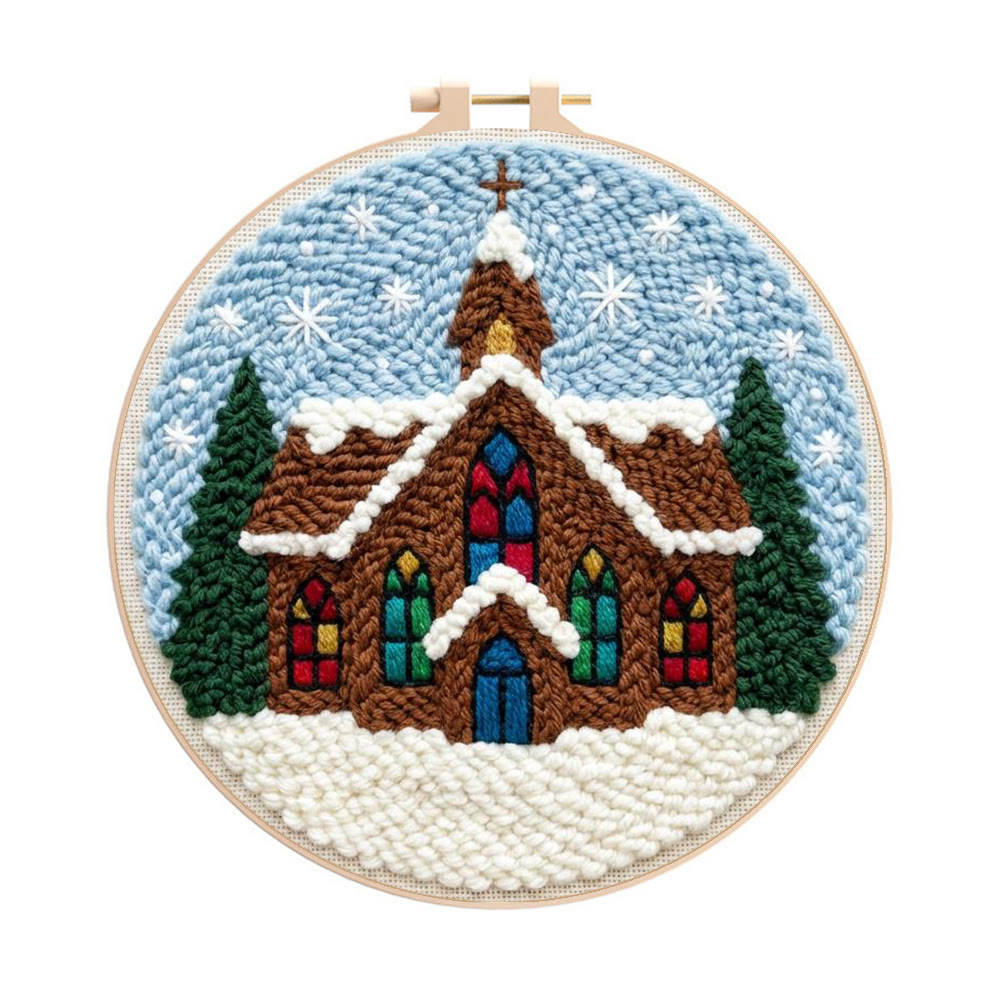 Snowy Stained-glass Church Punch Needle Kit – Novice Needlecraft Hoop | Cozy Winter Home Hanging - 8 inch Hoop Kit - image 1