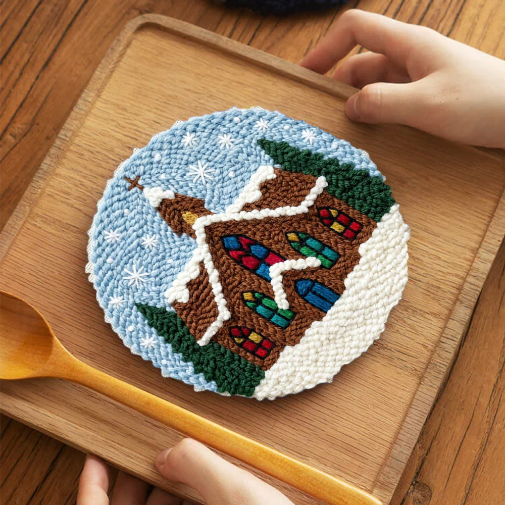 Snowy Stained-glass Church Punch Needle Kit – Novice Needlecraft Hoop | Cozy Winter Home Hanging - 5 inch Coaster Kit - image 4