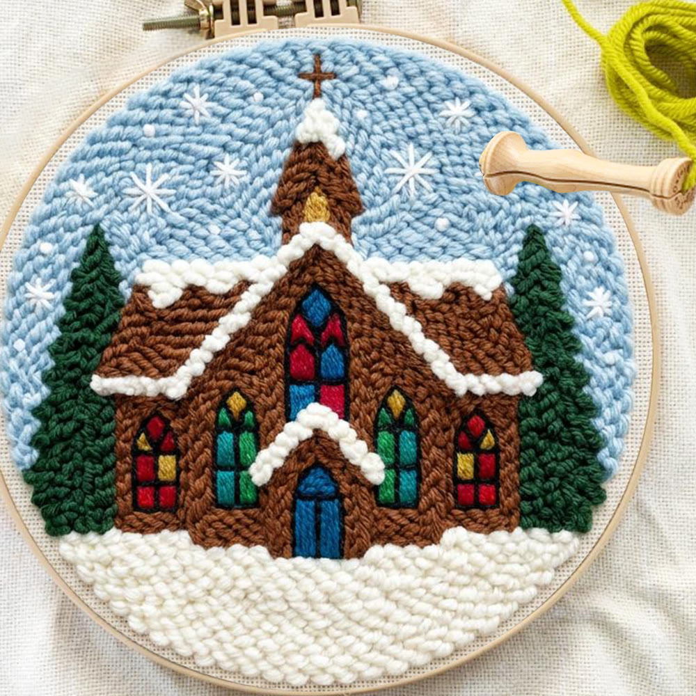 Snowy Stained-glass Church Punch Needle Kit – Novice Needlecraft Hoop | Cozy Winter Home Hanging - image 2