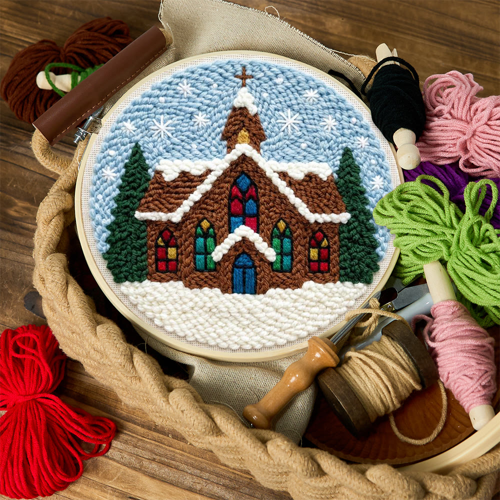 Snowy Stained-glass Church Punch Needle Kit – Novice Needlecraft Hoop | Cozy Winter Home Hanging - image 11