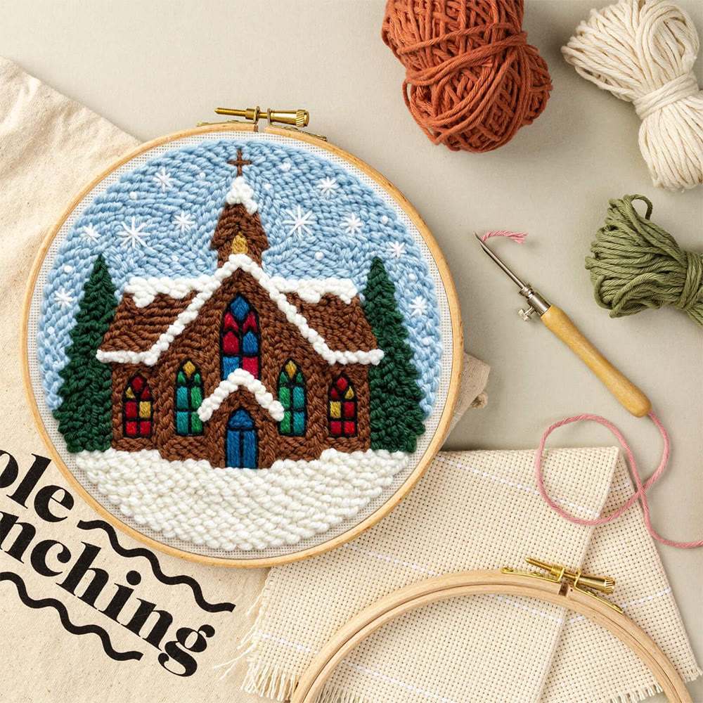 Snowy Stained-glass Church Punch Needle Kit – Novice Needlecraft Hoop | Cozy Winter Home Hanging - image 9