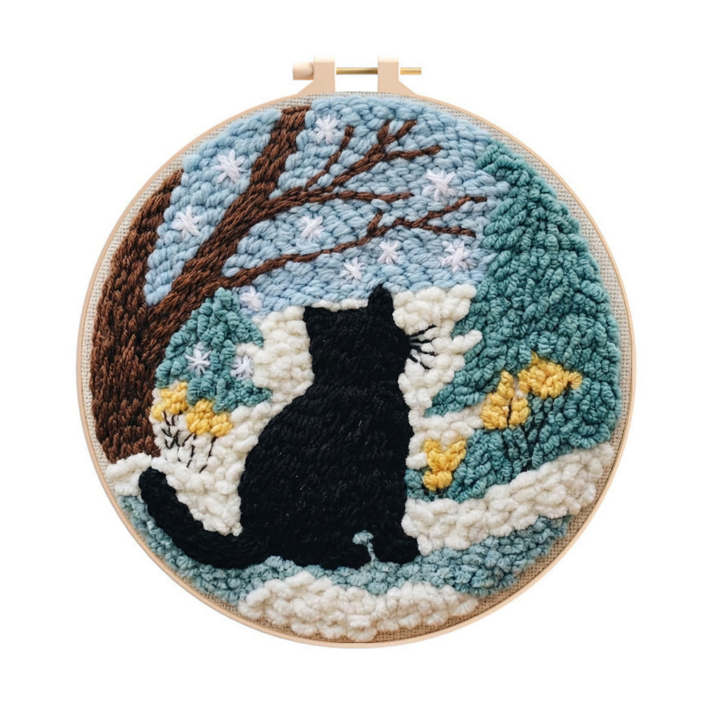 Snowy Winter Black Cat Punch Needle Kit – Starter Hoop Craft | Wintry Home Accent - 8 inch Hoop Kit - image 1