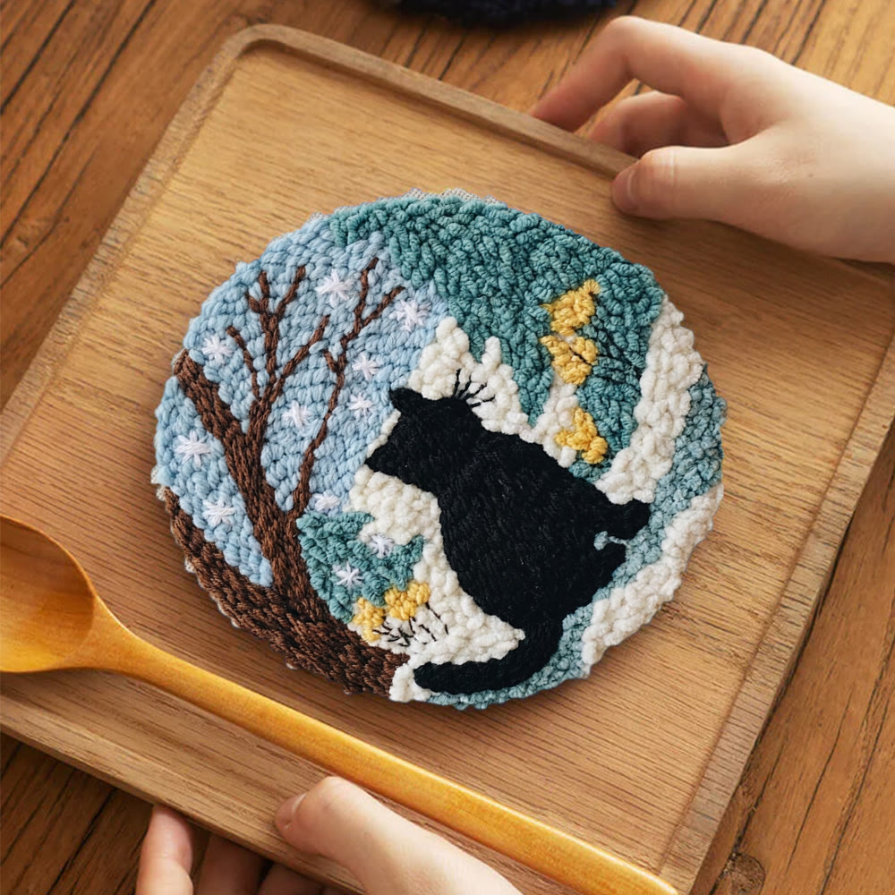 Snowy Winter Black Cat Punch Needle Kit – Starter Hoop Craft | Wintry Home Accent - 5 inch Coaster Kit - image 4