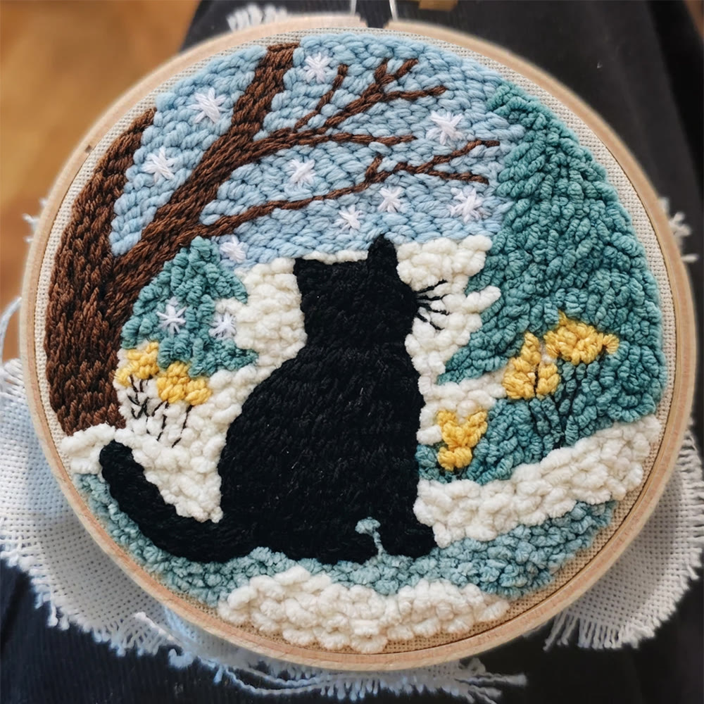 Snowy Winter Black Cat Punch Needle Kit – Starter Hoop Craft | Wintry Home Accent - image 3