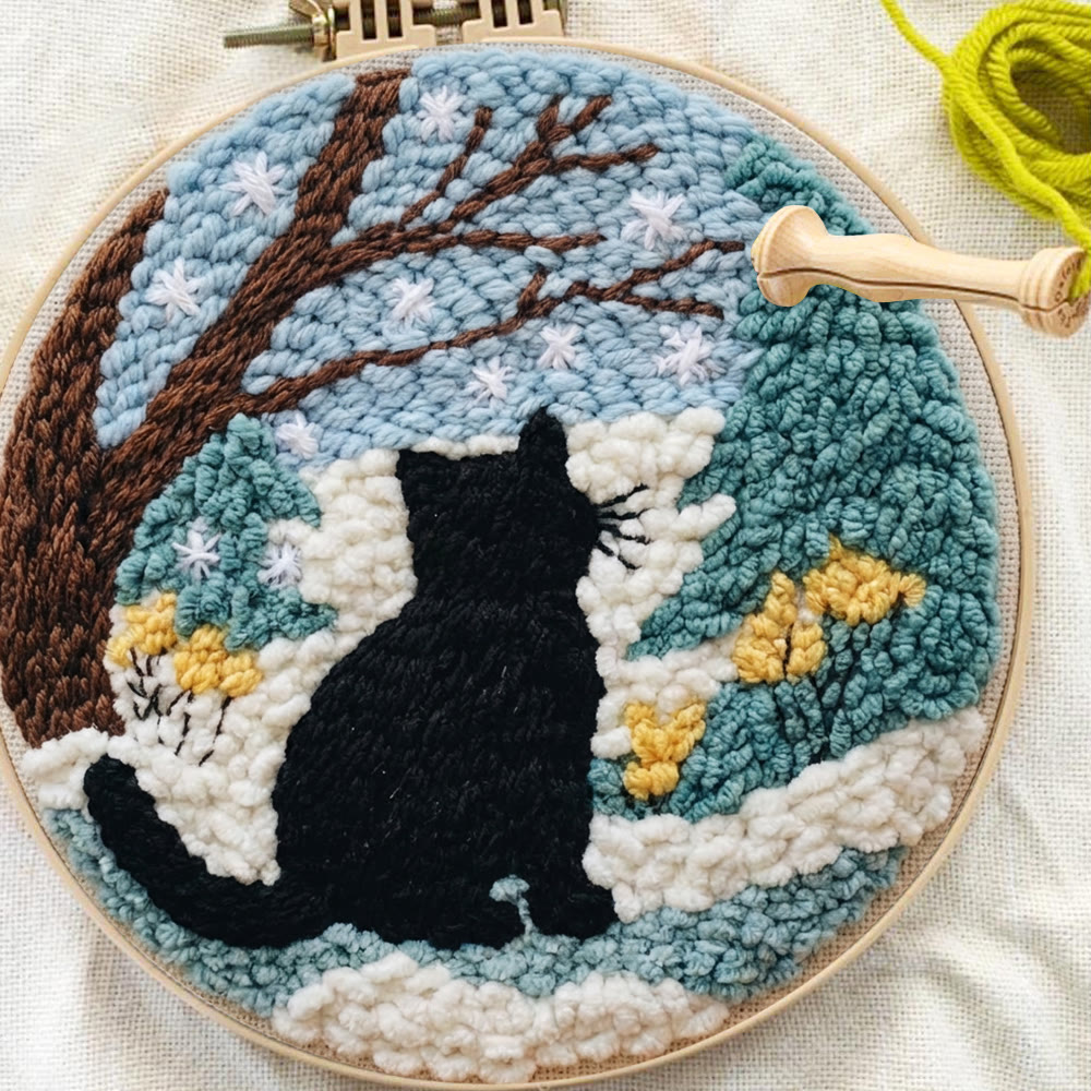 Snowy Winter Black Cat Punch Needle Kit – Starter Hoop Craft | Wintry Home Accent - image 8