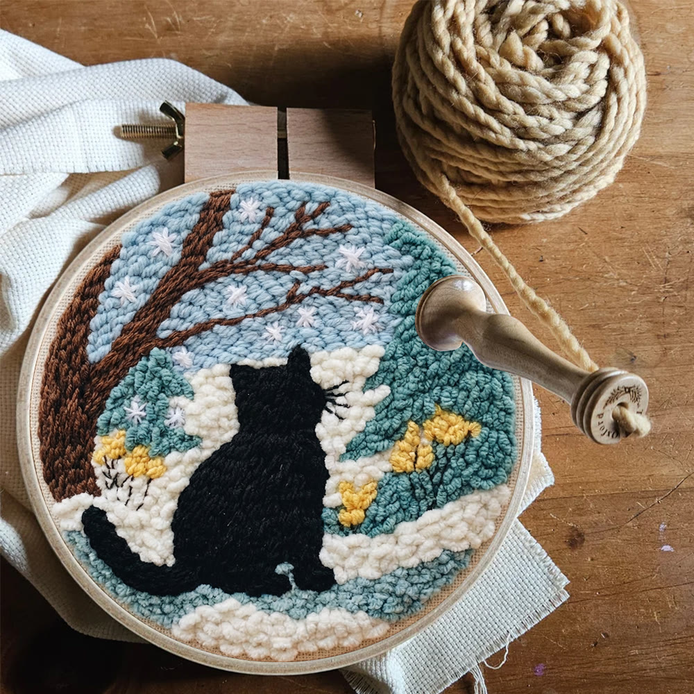 Snowy Winter Black Cat Punch Needle Kit – Starter Hoop Craft | Wintry Home Accent - image 2