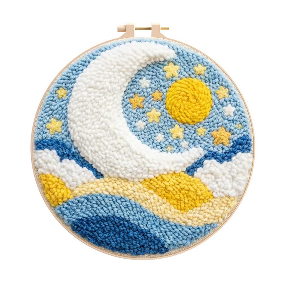 Starry Moon And Clouds Punch Needle Kit – Creative Diy Hoop Project | Unique Creative Project - 8 inch Hoop Kit - image 1