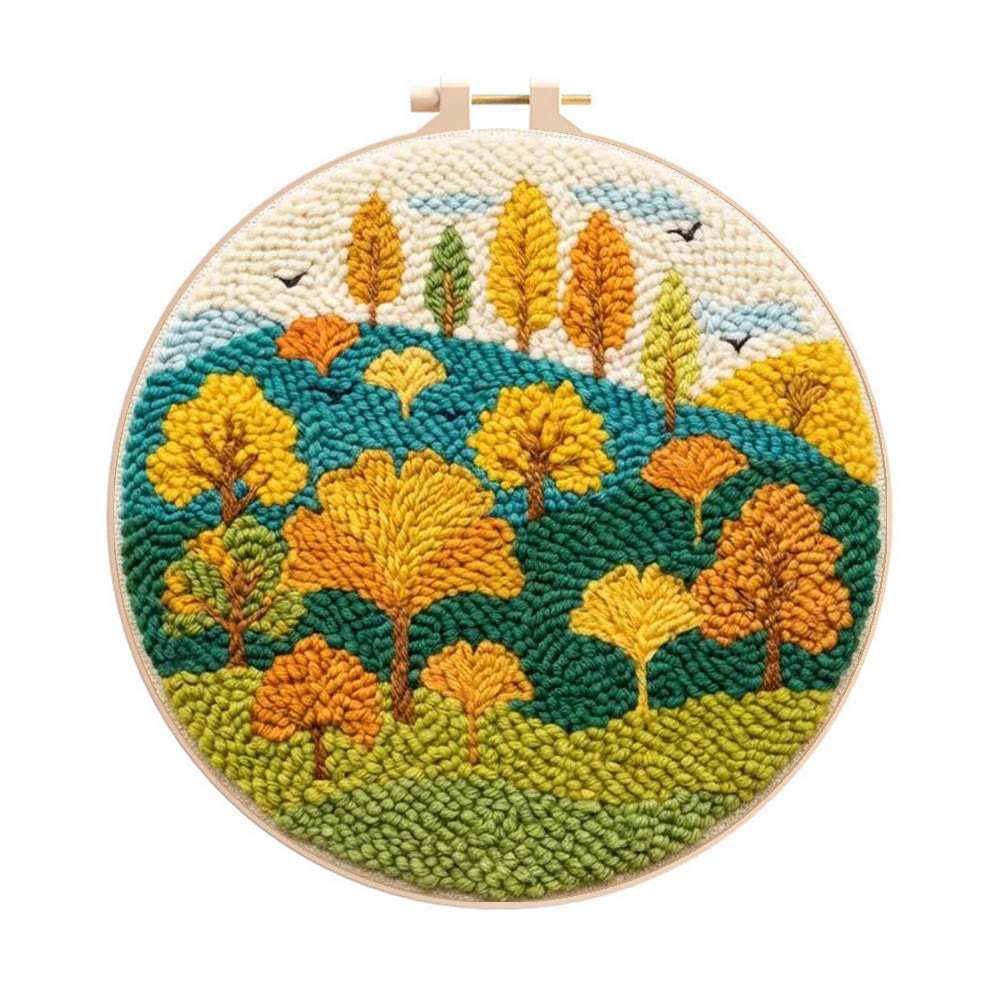 Autumnal Colorful Woods Punch Needle Kit – Easy Diy Creation | Delightful Art Gift - 8 inch Hoop Kit - image 1
