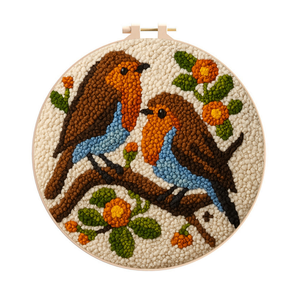 Twin Songbirds Floral Branch Punch Needle Kit – Diy Hand Embroidery | Elegant Home Decor Accent - 8 inch Hoop Kit - image 1