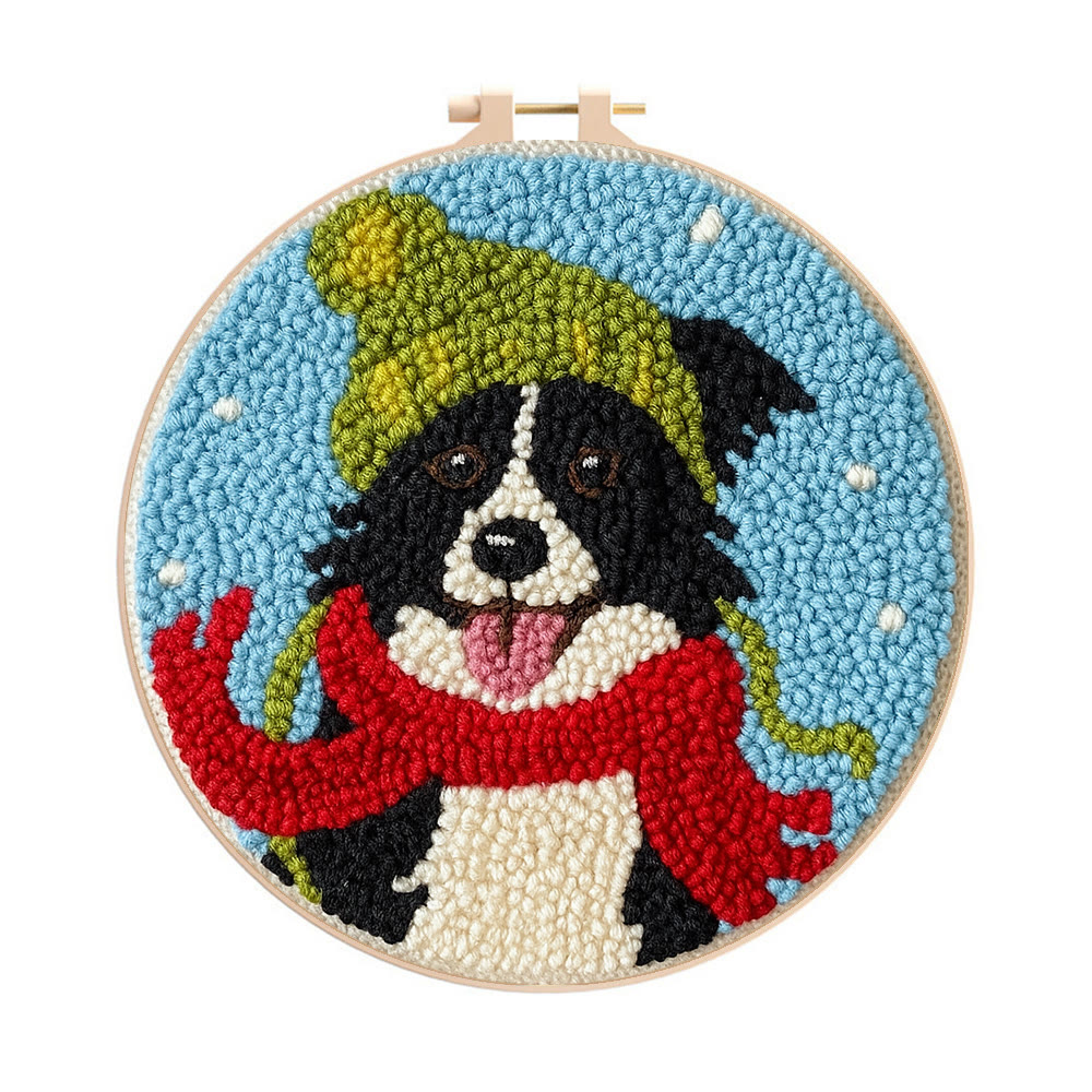 Winter Adorned Puppy Punch Needle Kit – Easy Beginner Handcraft | Cute Decor Hanging - 8 inch Hoop Kit - image 1