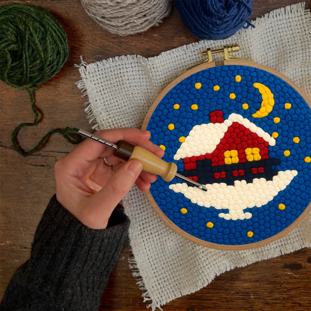 Starry Winter Snow Cottage Punch Needle – Embroidery Craft Kit | Charming Winter Gift - image 2
