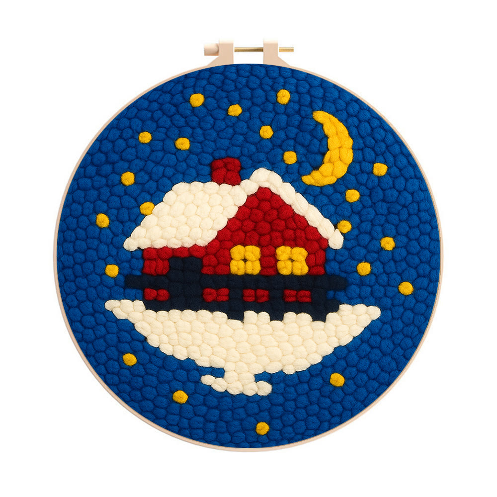 Starry Winter Snow Cottage Punch Needle – Embroidery Craft Kit | Charming Winter Gift - 8 inch Hoop Kit - image 1