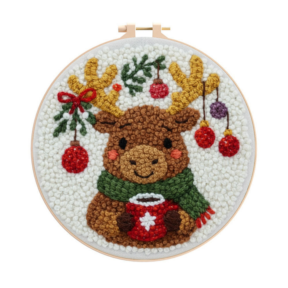Cozy Christmas Moose Punch Needle – Embroidery Craft Set | Warm Winter Decor - 8 inch Hoop Kit - image 1