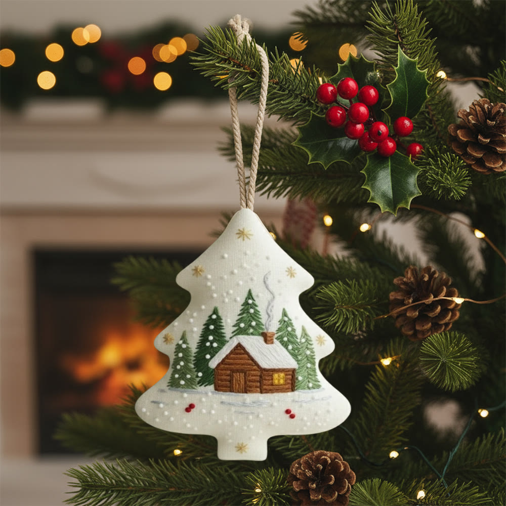 Rubbyoo Tree-shaped Embroidery Kit - Snowy Cabin Pines | Easy Starter Handiwork | Warm Holiday Decor - 6 inches hoop kit - image 1