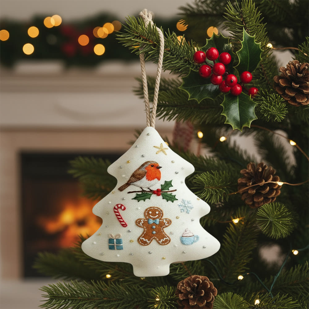 Rubbyoo Tree-shaped Embroidery Kit - Robin And Gingerbread | Festive Design | Ideal For Craft Lovers - 6 inches hoop kit - image 1