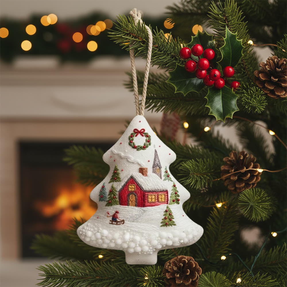 Rubbyoo Tree-shaped Embroidery Kit - Snowy Cottage | Embellished With Winter Charm | Unique Holiday Ornament - 6 inches hoop kit - image 1