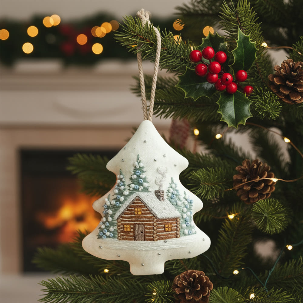 Rubbyoo Tree-shaped Embroidery Kit - Winter Cabin | Christmas Home Decoration | Creative Handmade Art - 6 inches hoop kit - image 1