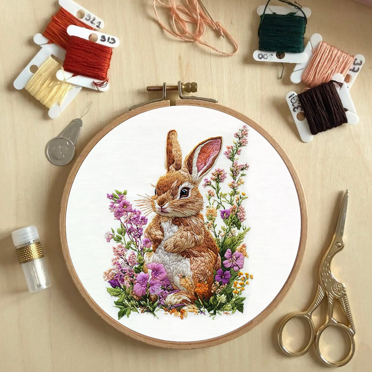 Rubbyoo Embroidery Kit - Bunny In Blooming Garden | Handcrafted Nature Art | Ideal For Animal Lovers - image 3
