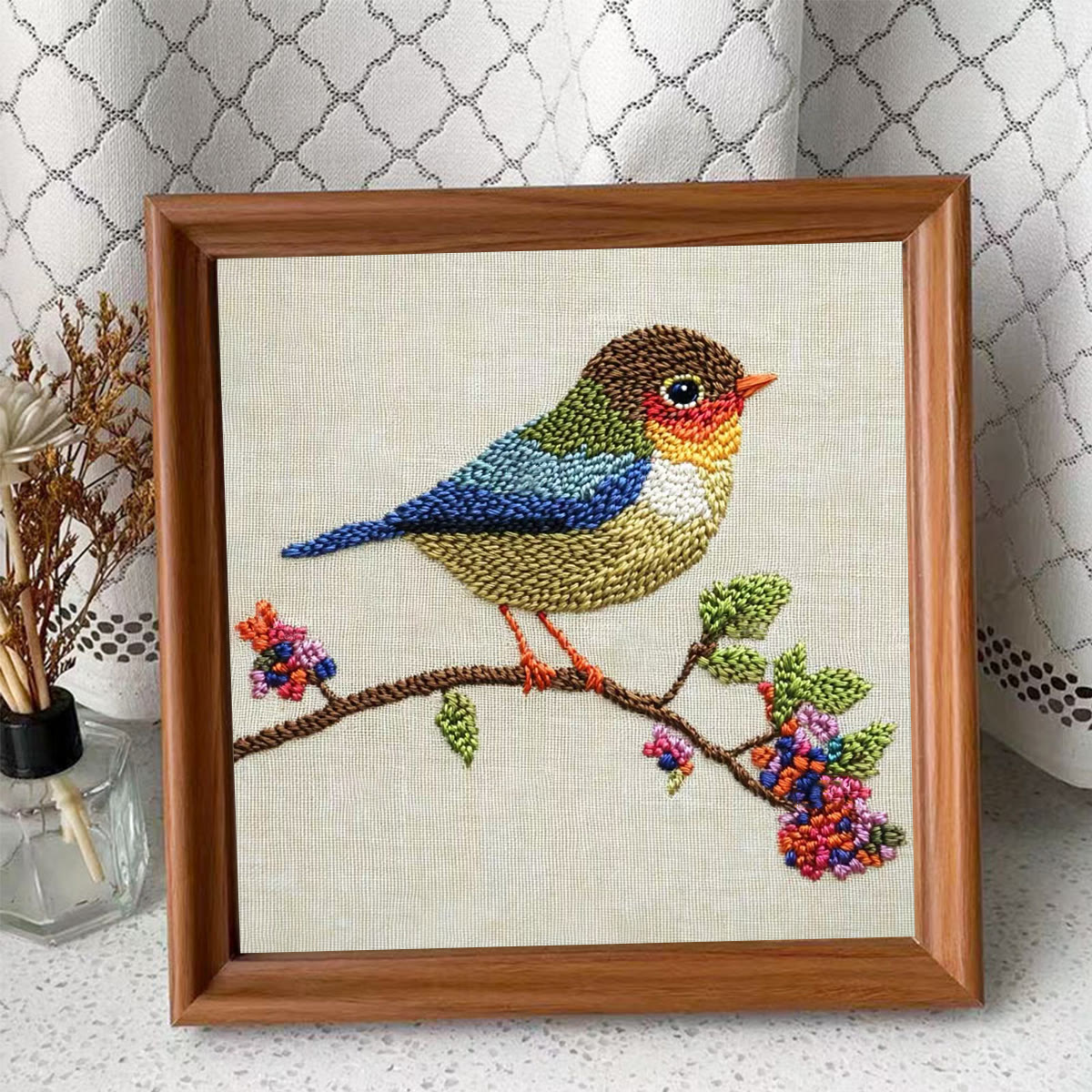 Rubbyoo Embroidery Kit - Vibrant Bird On Branch | Artistic Floral Needlework | Perfect For Embroidery Beginners - Embroidery Kit Plus An Extra Frame - image 4