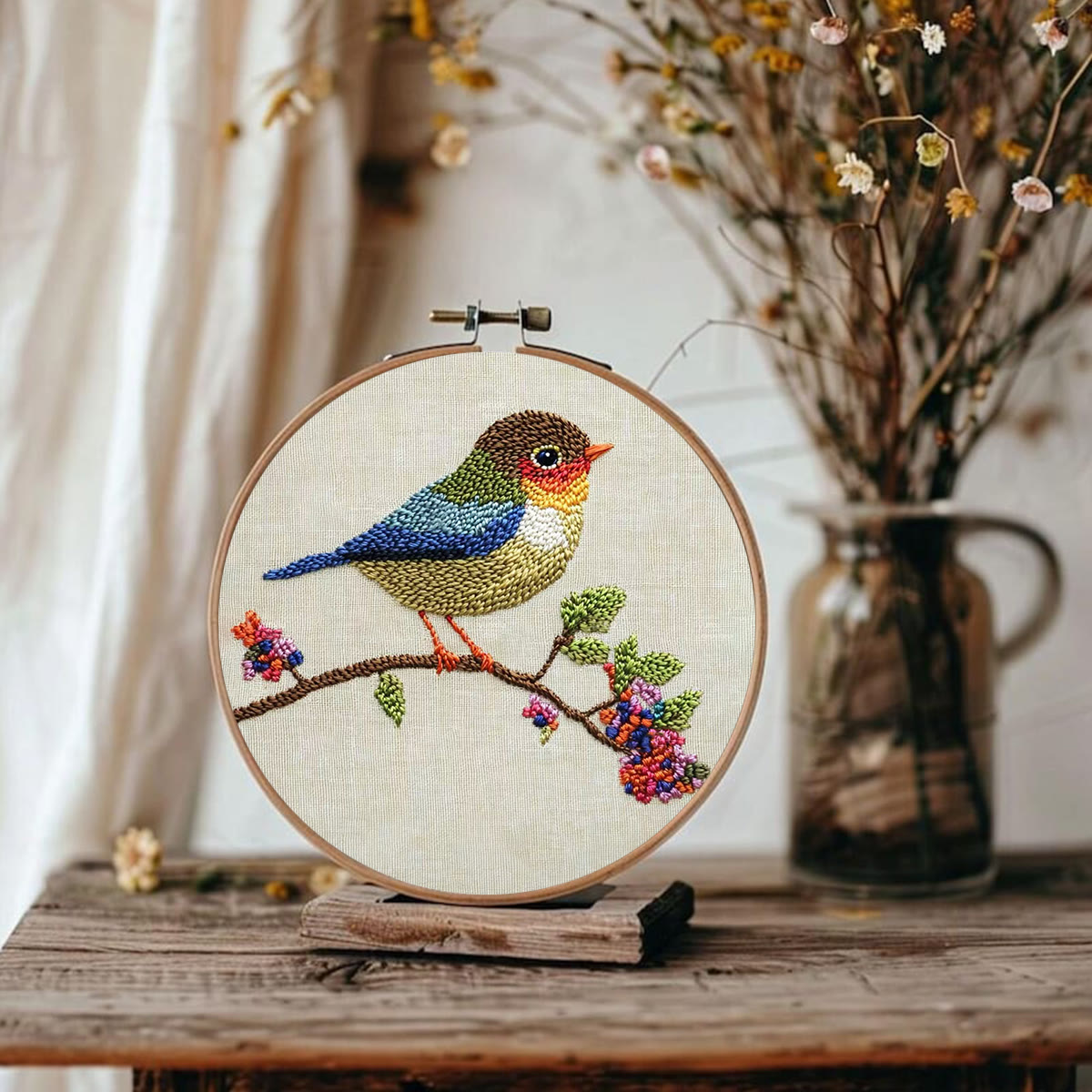 Rubbyoo Embroidery Kit - Vibrant Bird On Branch | Artistic Floral Needlework | Perfect For Embroidery Beginners - image 2