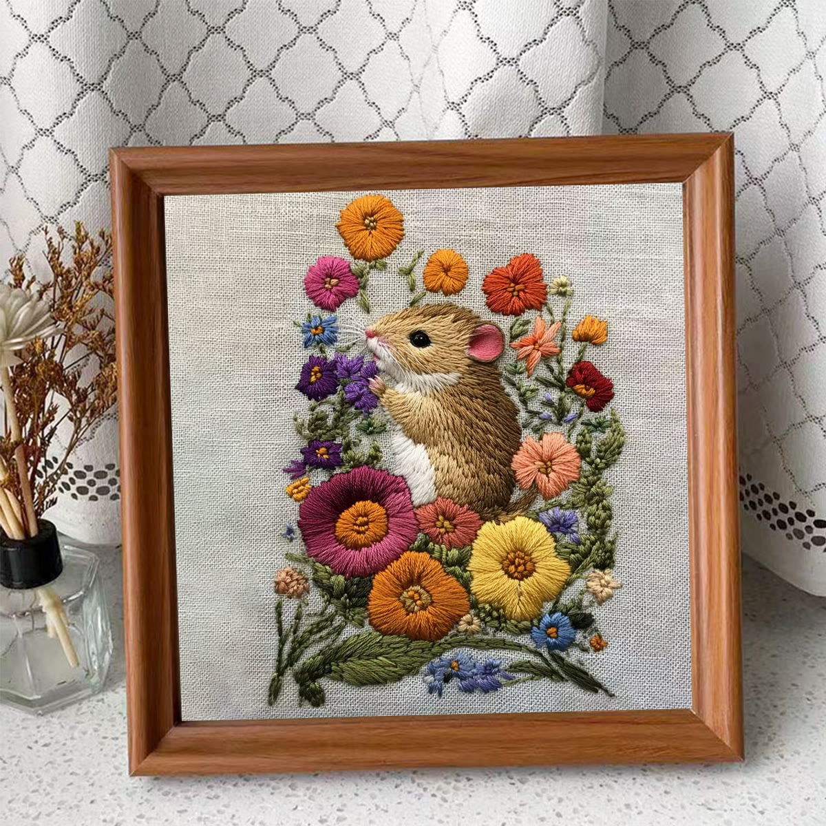 Rubbyoo Embroidery Kit - Adorable Mouse In Floral Garden | Handcrafted Nature Art | Perfect For Embroidery Starters - Embroidery Kit Plus An Extra Frame - image 4