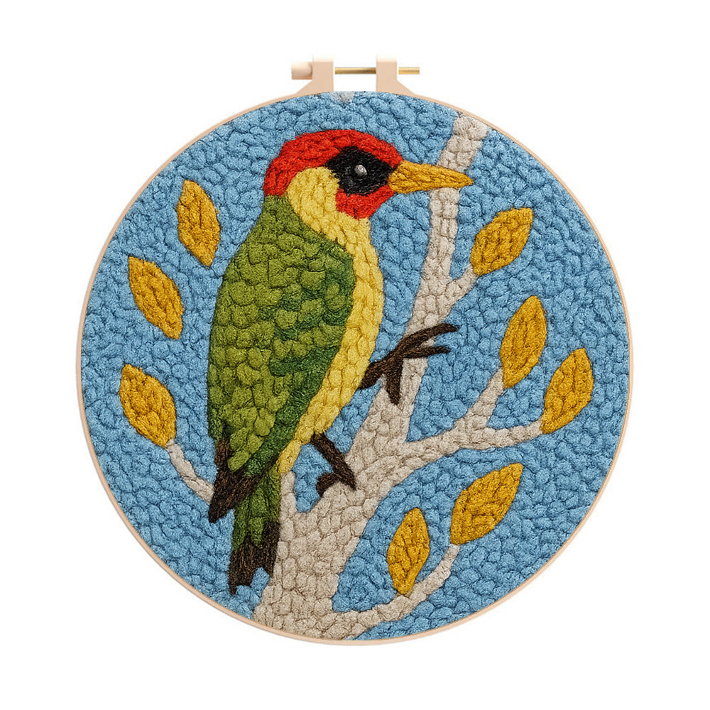 Woodpecker Branch Punch Needle Kit – Beginner-friendly Diy | Fresh Nature Home Ornament - 8 inch Hoop Kit - image 1