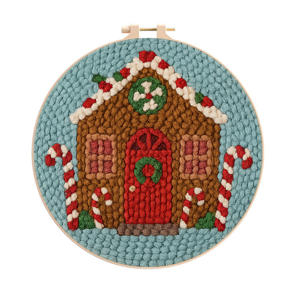 Gingerbread Cottage Punch Needle Kit – Easy-to-make Craft | Festive Table Accent - 8 inch Hoop Kit - image 1