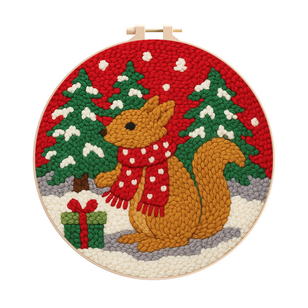 Festive Scarfed Squirrel Punch Needle Kit – Fun-filled Craft Endeavor | Holiday Top Gift Pick - 8 inch Hoop Kit - image 1