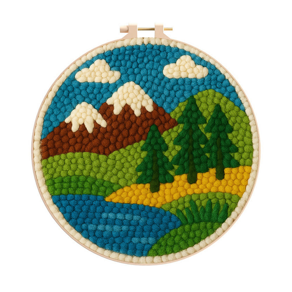 Mountain Lake Landscape Punch Needle Kit – Beginning Project | Playful Decorative Hanging - 8 inch Hoop Kit - image 1