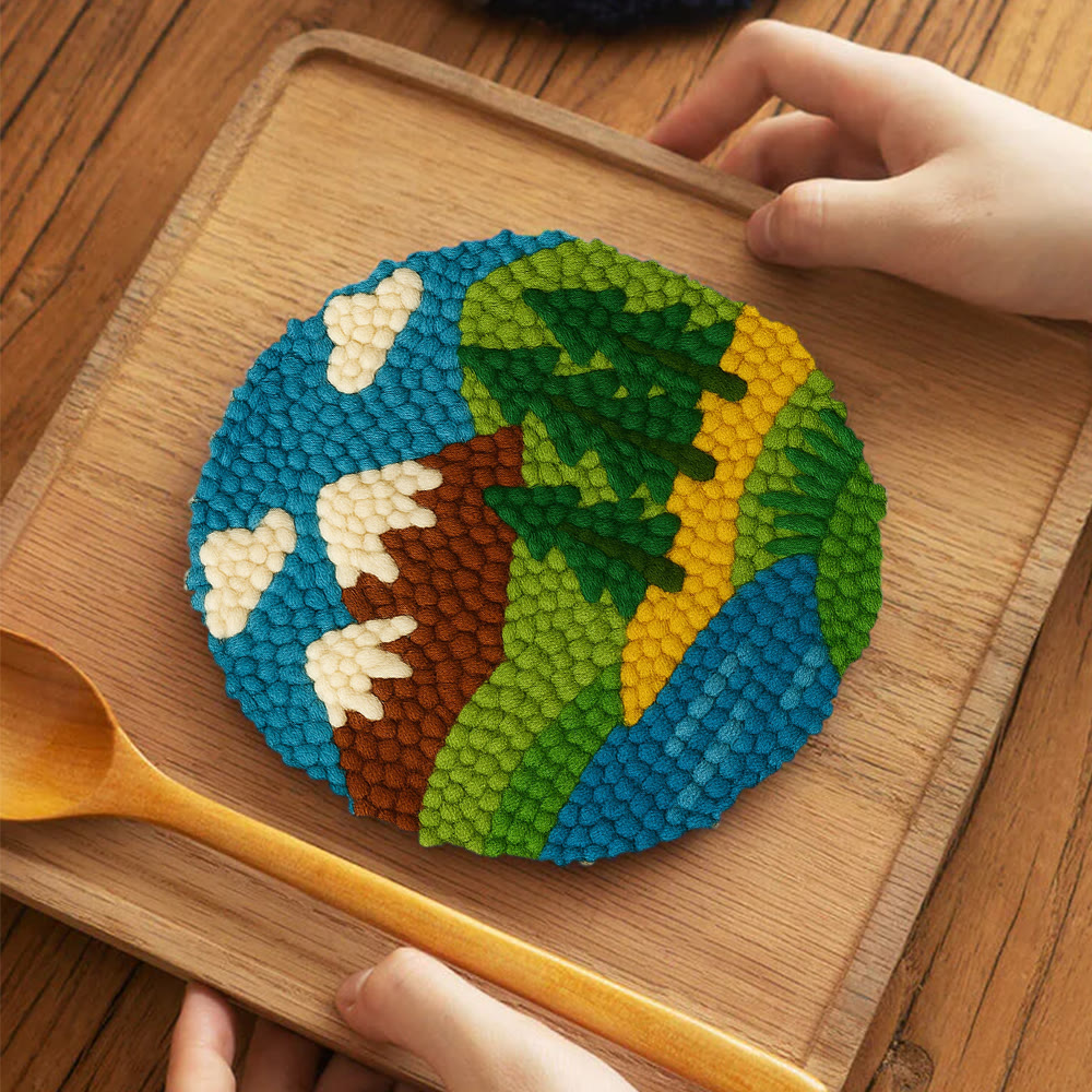Mountain Lake Landscape Punch Needle Kit – Beginning Project | Playful Decorative Hanging - 5 inch Coaster Kit - image 4