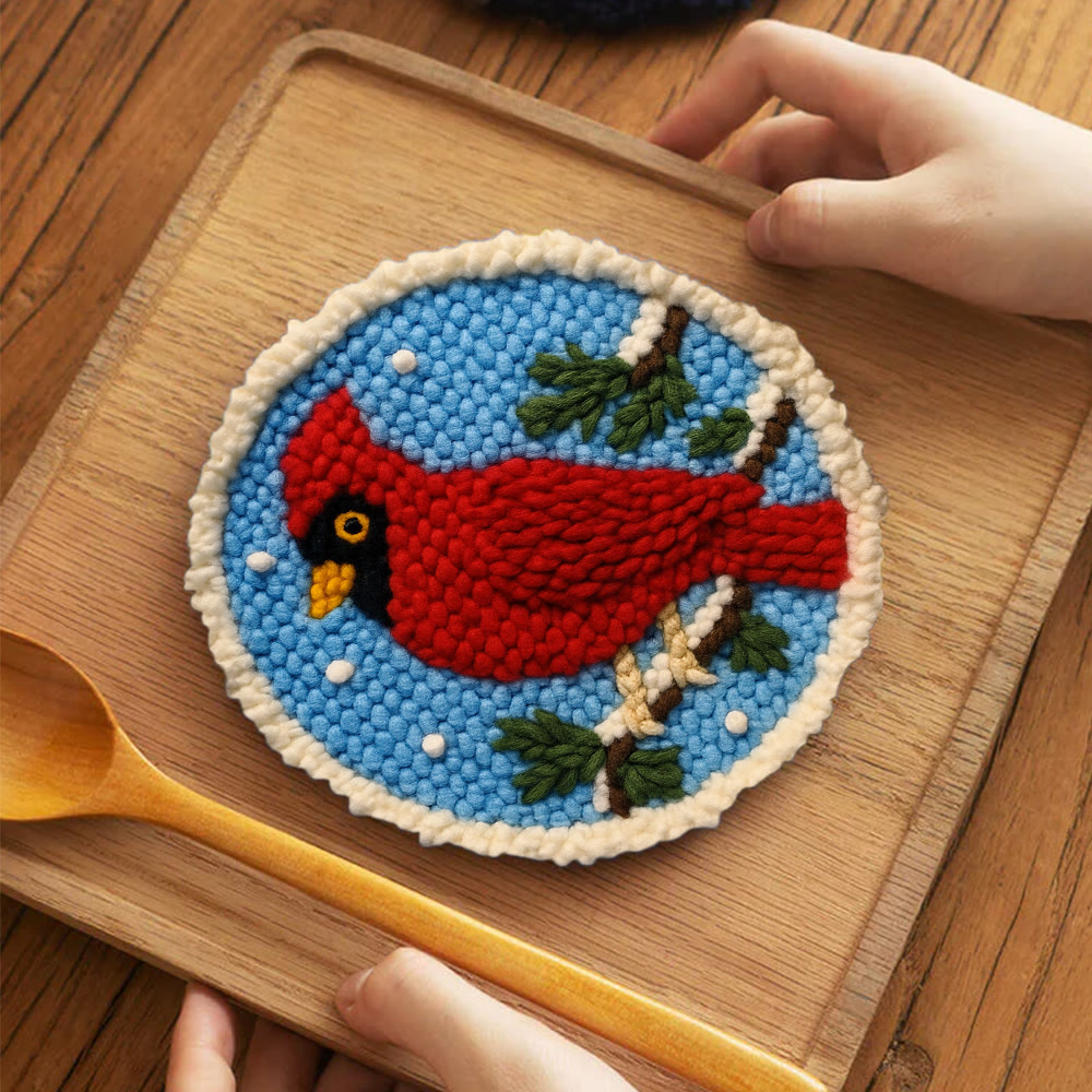 Winter Cardinal Punch Needle Kit – Beginner-easy Handcraft | Cozy Winter Wall Piece - 5 inch Coaster Kit - image 4