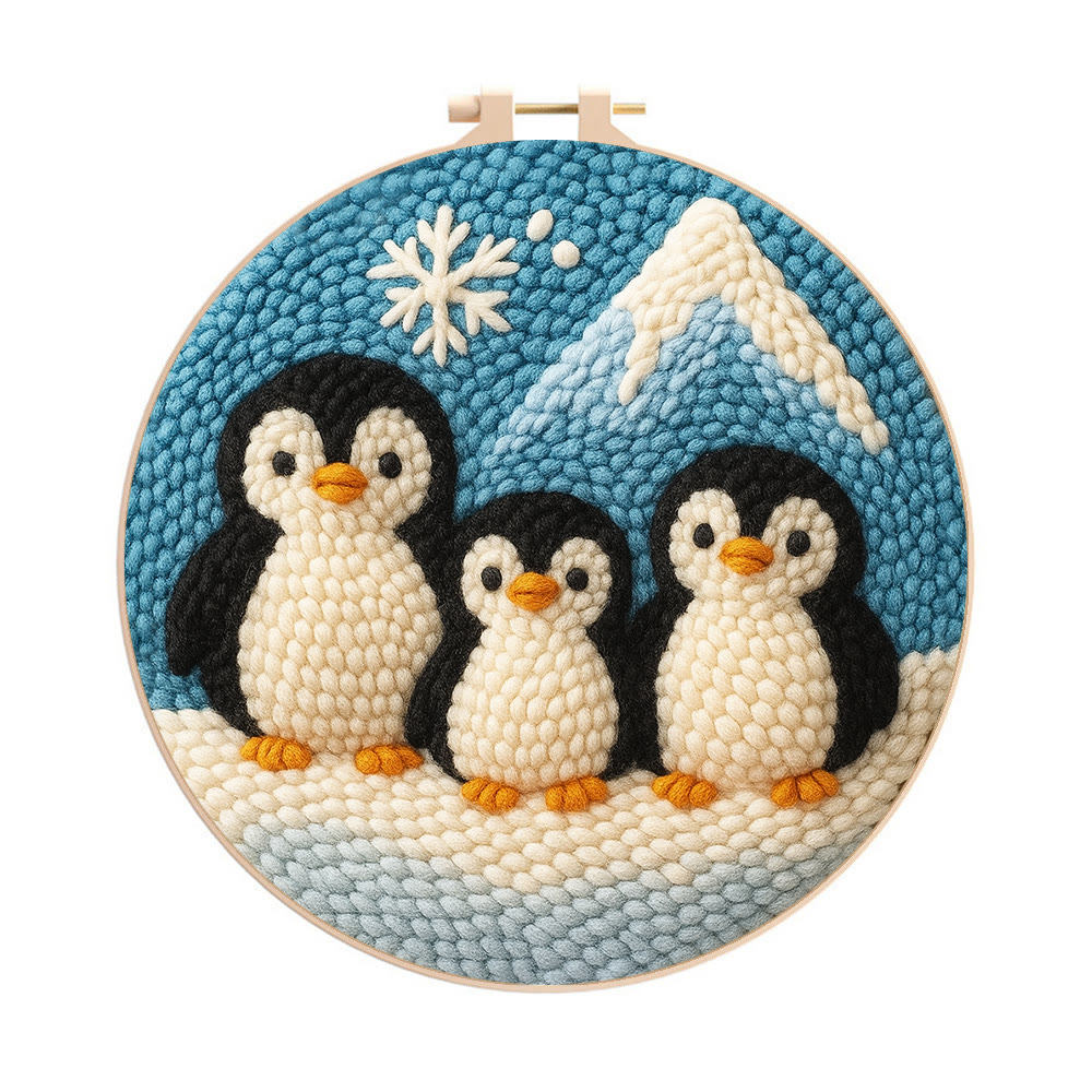 Snowy Penguin Trio Punch Needle Kit – Fun-spirit Diy Craft | Charming Winter Nook Ornament - 8 inch Hoop Kit - image 1