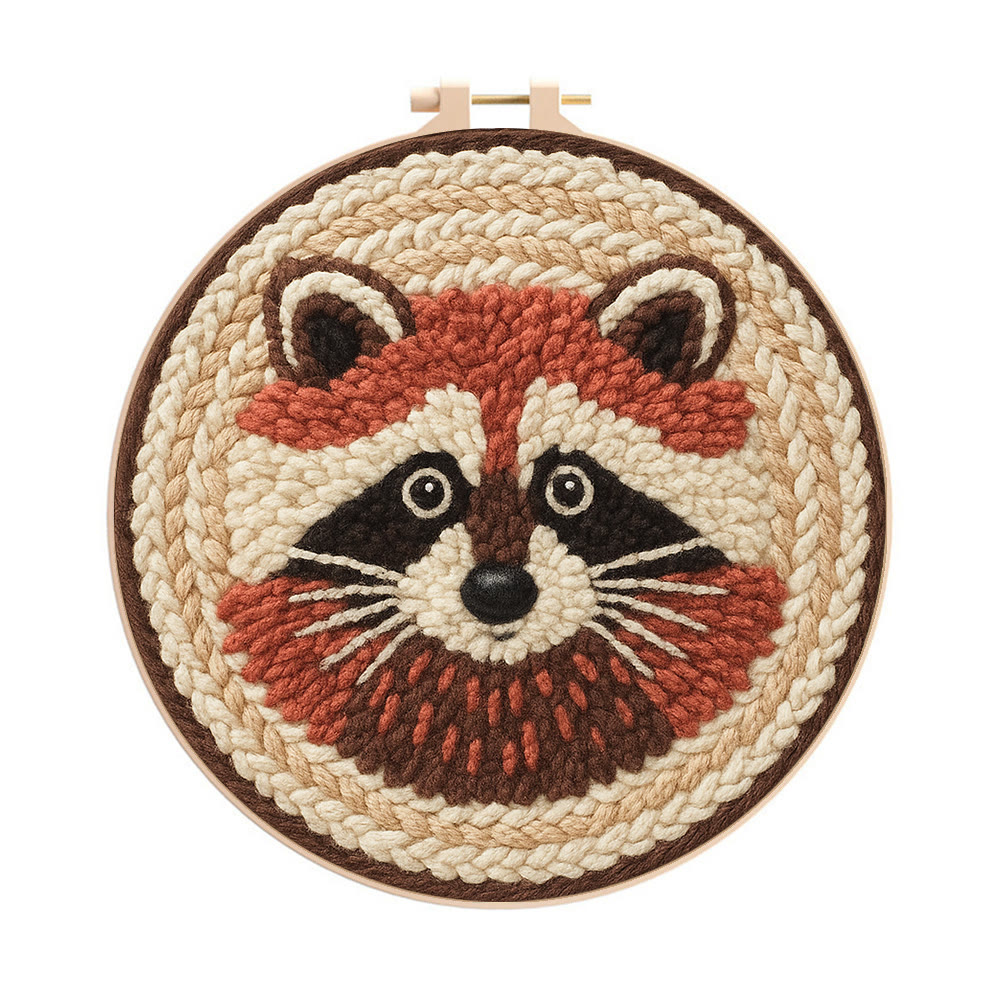 Cheerful Raccoon Face Punch Needle Kit – Whimsical Handcraft Project | Delightful Tabletop Trinket - 8 inch Hoop Kit - image 1