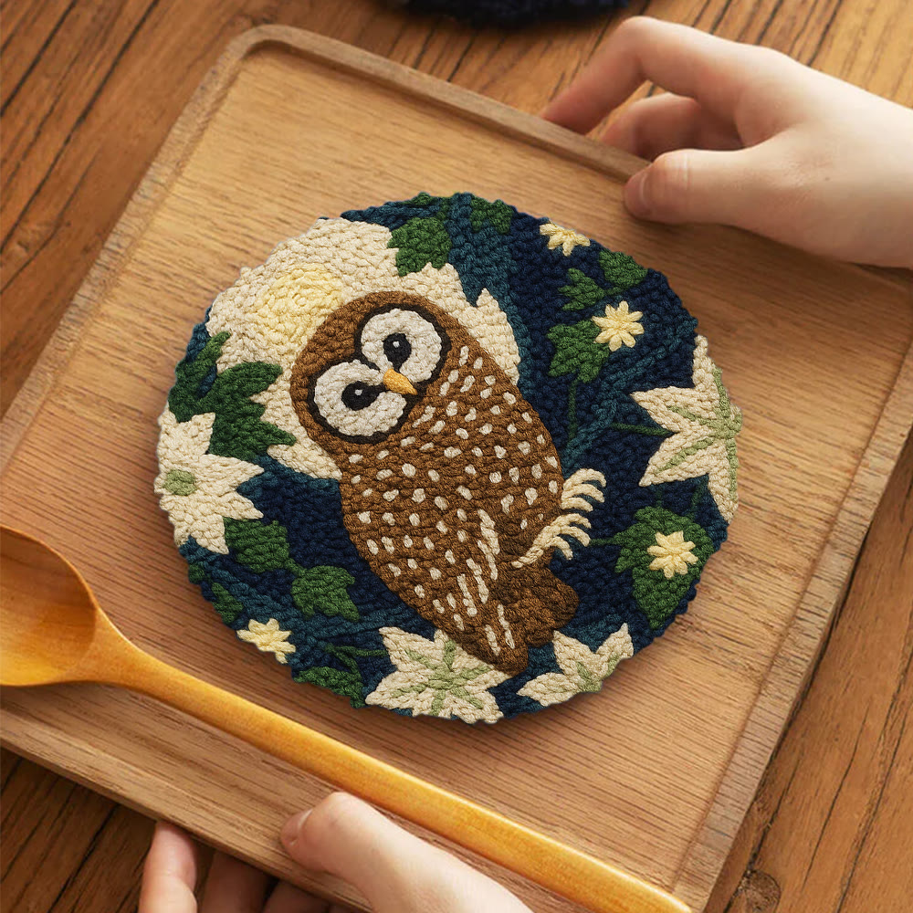 Nocturnal Owl Floral Punch Needle Kit – Artisanal Handcraft Creation | Exquisite Wall Hanging - 5 inch Coaster Kit - image 4