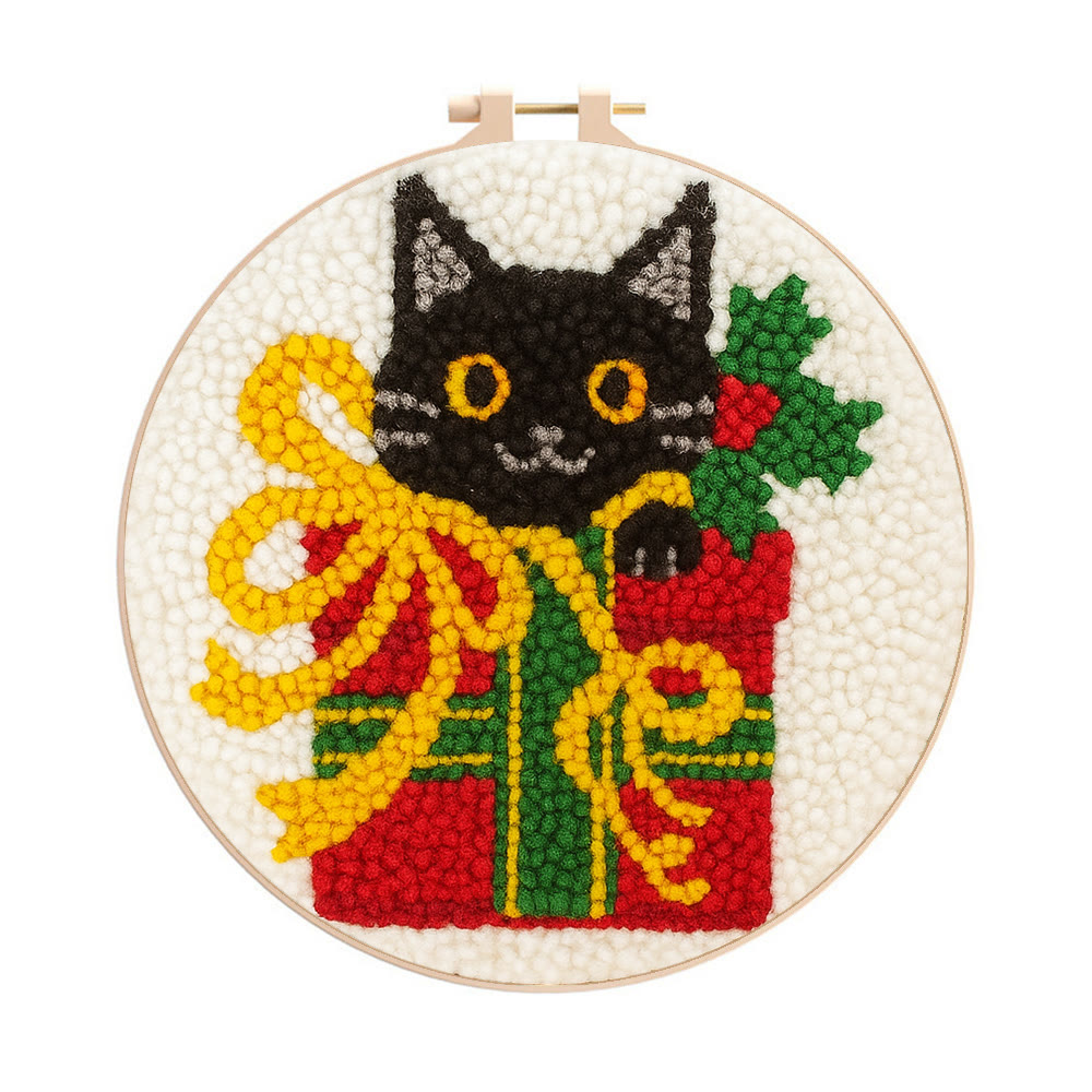 Christmas Black Cat Gift Punch Needle Kit – Festive DIY Handiwork | Sweet Holiday Ornament - 8 inch Hoop Kit - image 1