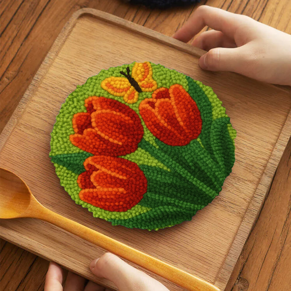 Orange Tulip Butterfly Punch Needle Kit – Uncomplicated Craft Making | Cheerful Home Piece - 5 inch Coaster Kit - image 4