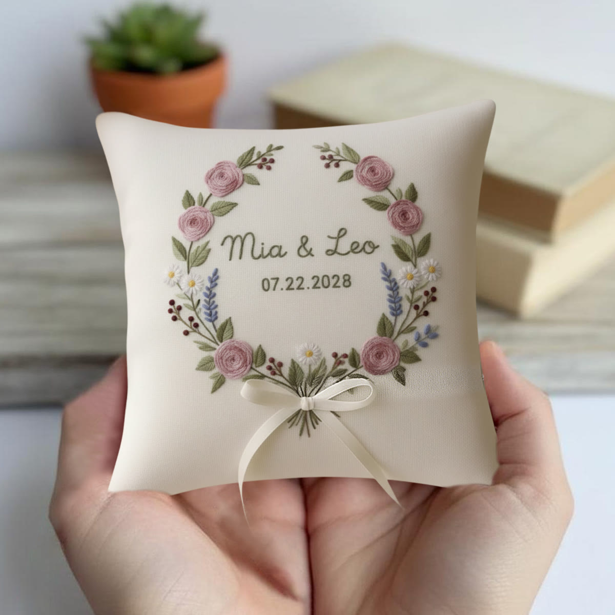 Rubbyoo Personalized Ring Bearer Pillow Embroidery Kit - Pink Rose Wreath With Text  | Beginner Diy Holding Rings | Anniversary Gifts - image 3