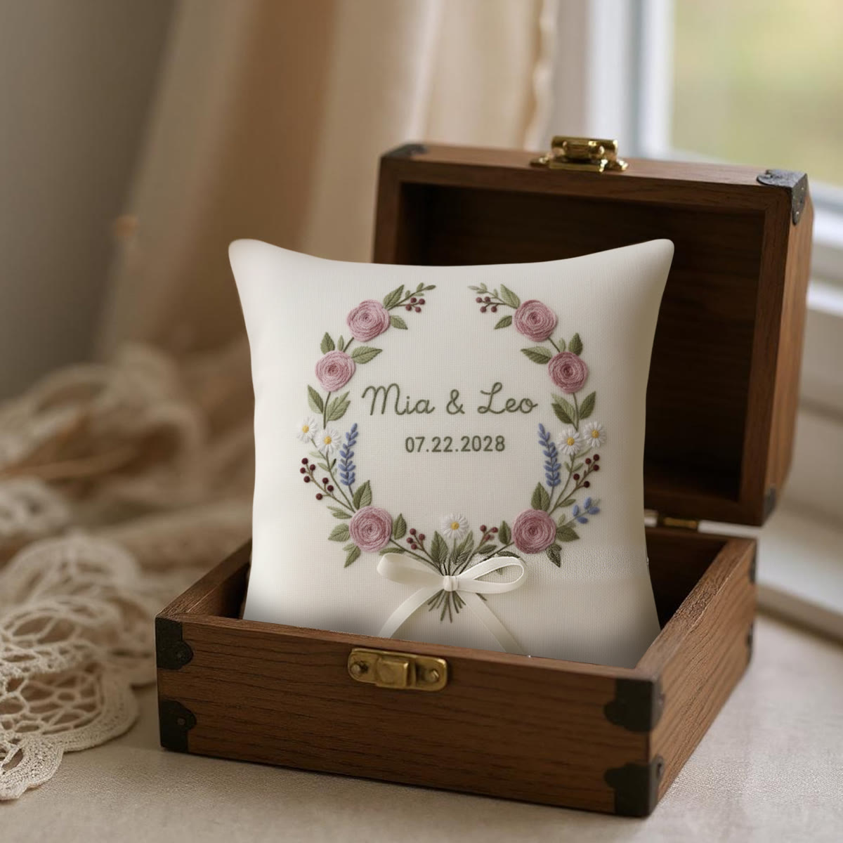 Rubbyoo Personalized Ring Bearer Pillow Embroidery Kit - Pink Rose Wreath With Text  | Beginner Diy Holding Rings | Anniversary Gifts - image 2