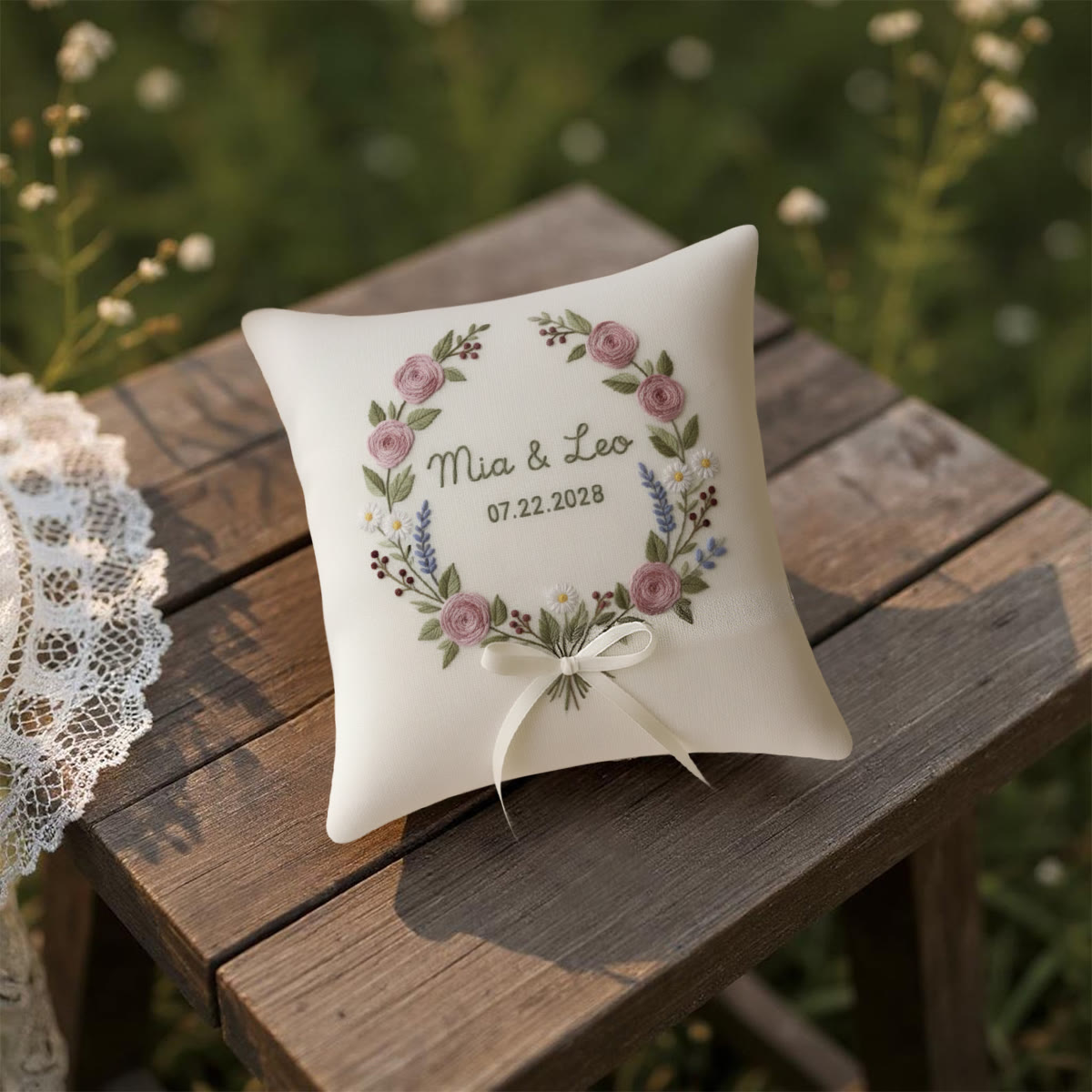 Rubbyoo Personalized Ring Bearer Pillow Embroidery Kit - Pink Rose Wreath With Text  | Beginner Diy Holding Rings | Anniversary Gifts - image 5